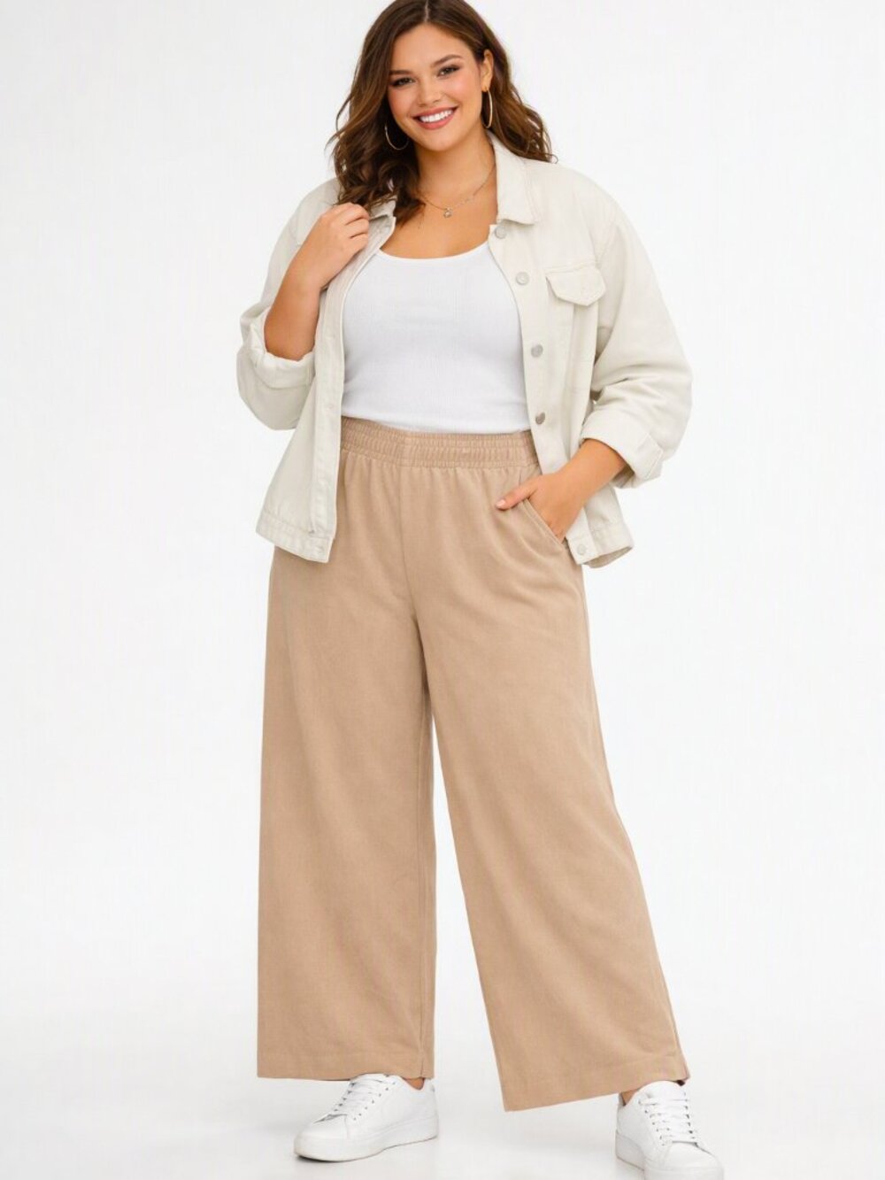 Wide‑Leg Pants • Soft Stretch Knit Trousers • Effortless Neutral Lounge Style